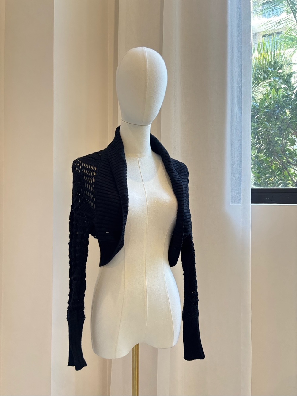 Black Open-Knit Cropped Bolero Cardigan